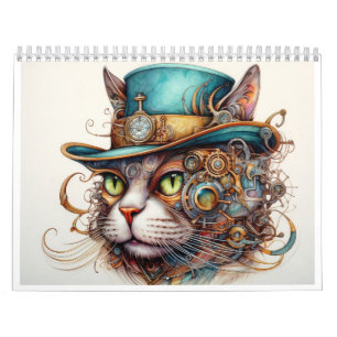 Een steampunk kalender met een kat