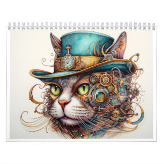 Een steampunk kalender met een kat