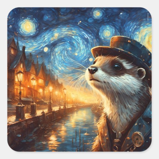 Een Steampunk Otter in de Sterrennacht Vierkante Sticker (Voorkant)