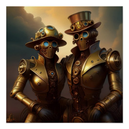 Een Steampunk Robotic Couple Verliefd Perfect Poster (Voorkant)