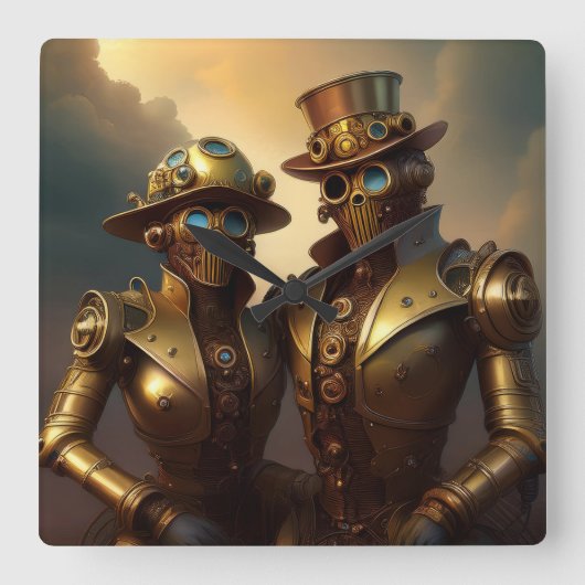 Een Steampunk Robotic Couple Verliefd Vierkante Klok (Voorkant)