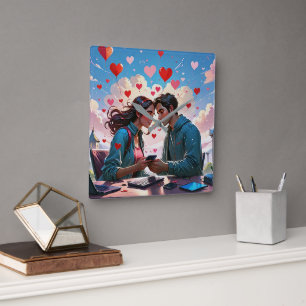 Een stel verliefden met vliegende harten - Wandklo Vierkante Klok