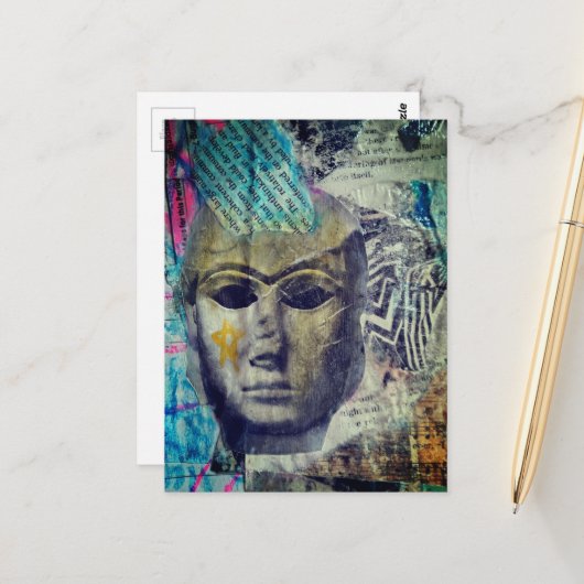 Een stenen dame gezicht Abstracte Mixed Media Coll Briefkaart (Voorkant / Achterkant in situ)