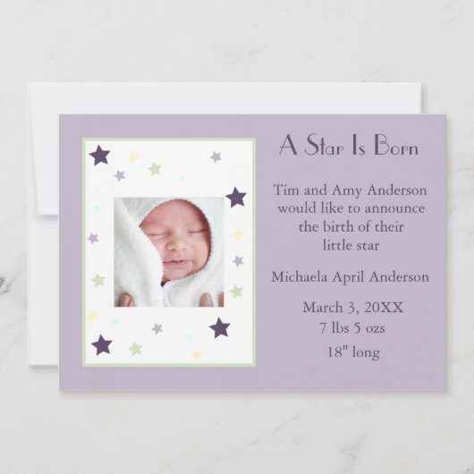 Een ster is geboren (lavender) aankondiging (Voorkant)