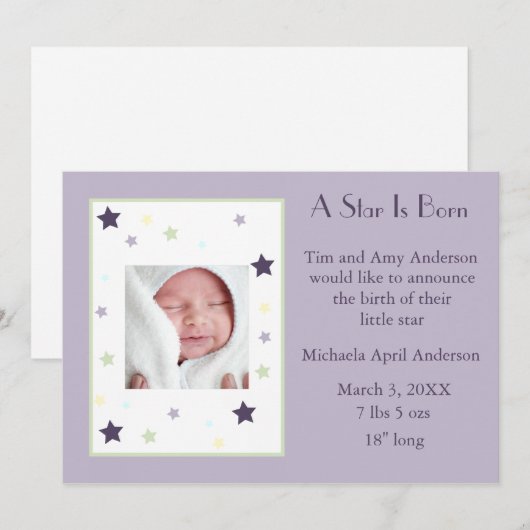 Een ster is geboren (lavender) aankondiging (Voorkant / Achterkant)