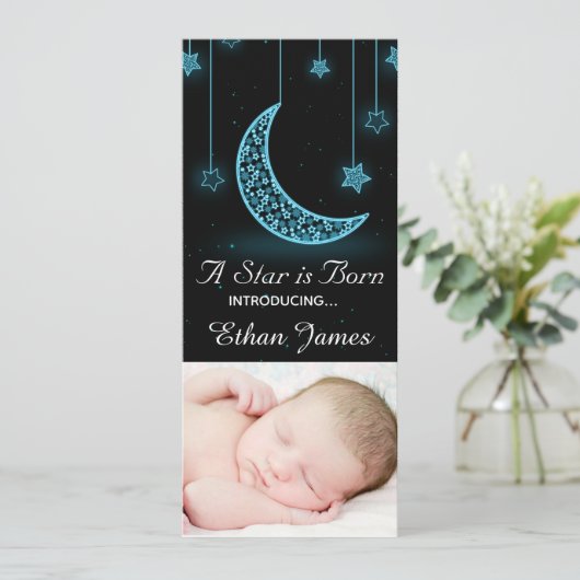 Een ster is geboren Moon en sterren Aangepaste geb Aankondiging (Staand voorkant)