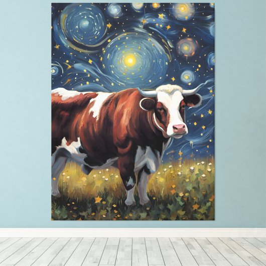 Een stier in de Sterrennacht Canvas Afdruk (Insitu (Houten vloer))