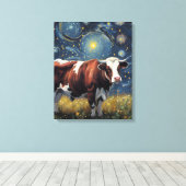 Een stier in De sterrennacht Canvas Afdruk (Insitu (Houten vloer))