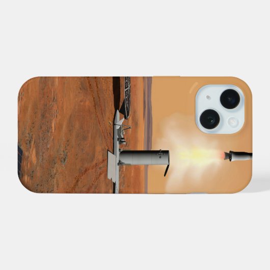 Een stijgend voertuig verlaat Mars. 2 iPhone 15 Case (Achterkant horizontaal)