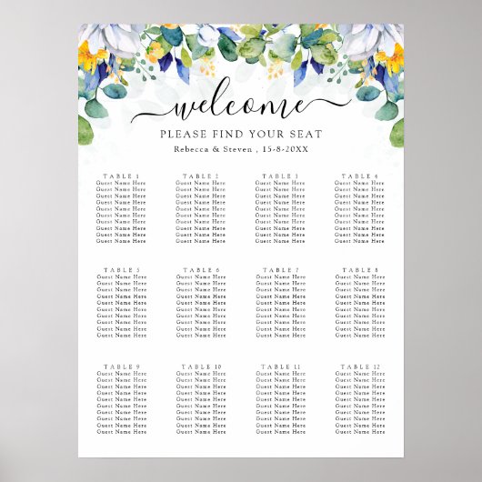 Een stijlvolle florale gele blauwe bruiloft zithoe poster (Voorkant)