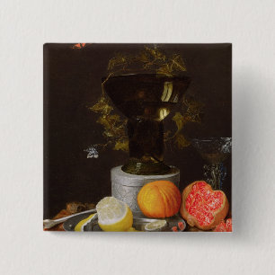 Een stilstaand leven met een glas en fruit op een  vierkante button 5,1 cm