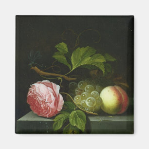 Een stilstaand leven met een Roos, druiven en stra Magneet