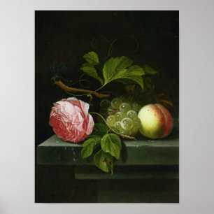 Een stilstaand leven met een Roos, druiven en stra Poster