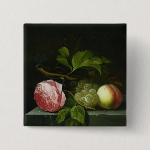 Een stilstaand leven met een Roos, druiven en stra Vierkante Button 5,1 Cm