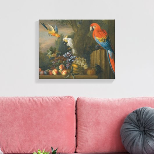 Een stilstaand leven met fruit, papegaaien en een canvas afdruk (Insitu (Woonkamer))