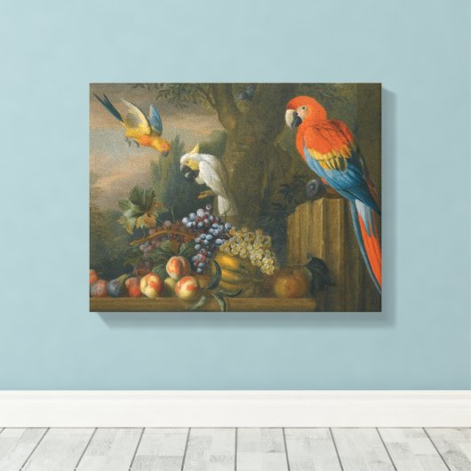 Een stilstaand leven met fruit, papegaaien en een canvas afdruk (Insitu (Houten vloer))