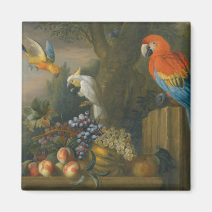 Een stilstaand leven met fruit, papegaaien en een magneet