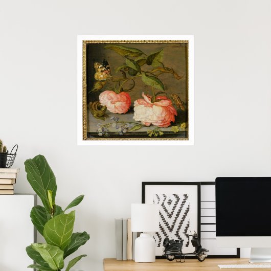 Een stilstaand leven met Rozen op een rand Poster (Thuiskantoor)