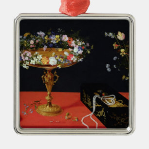 Een stilstaand leven op een Tazza met bloemen Metalen Ornament