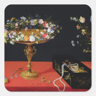Een stilstaand leven op een Tazza met bloemen Vierkante Sticker