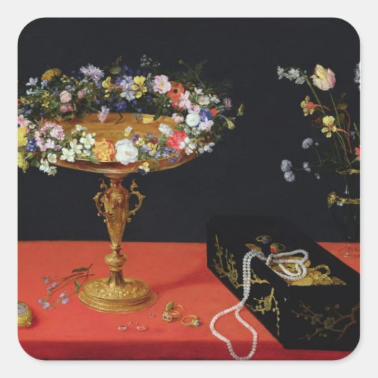 Een stilstaand leven op een Tazza met bloemen Vierkante Sticker (Voorkant)