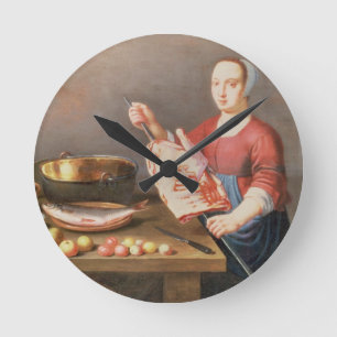 Een stilstaand leven van vlees en vis met een kook ronde klok
