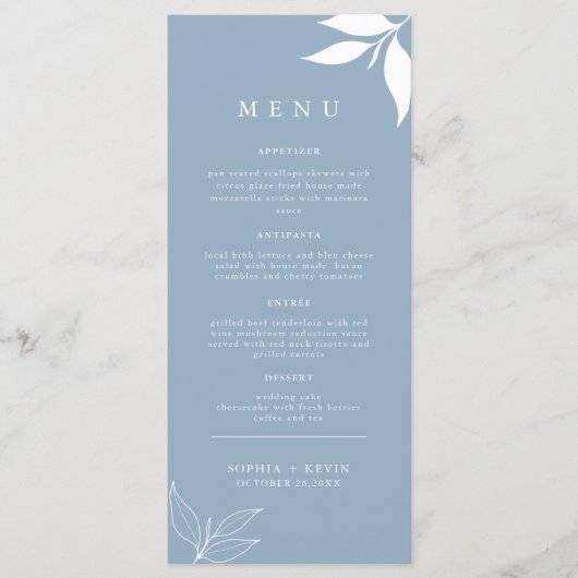 Een stoffige blauwe i moderne minimalistische i ta menu (Voorkant)