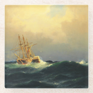 Een stoomschip in een storm in de Atlantische Ocea Glazen Onderzetter