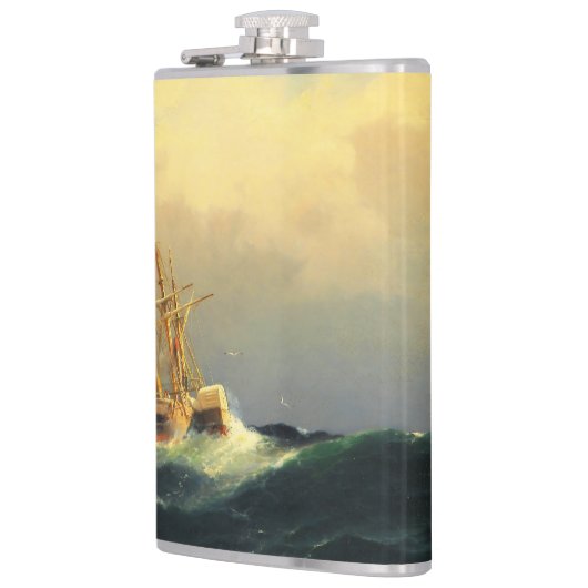 Een stoomschip in een storm in de Atlantische Ocea Heupfles (Links)