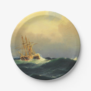 Een stoomschip in een storm in de Atlantische Ocea Papieren Bordje