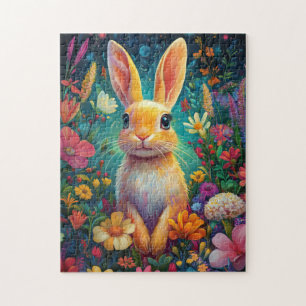 Een stralend konijn in een levendige tuin legpuzzel