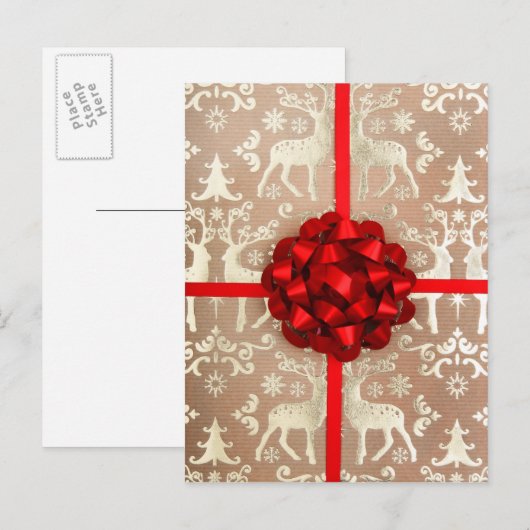 Een strik en lint op kerstinpakpapier feestdagenkaart (Voorkant / Achterkant)