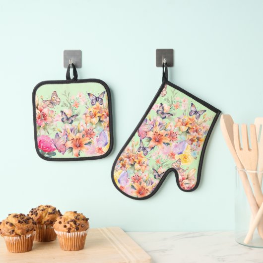 Een studie in Pastel ( bloemen en vlinders) Ovenwant & Pannenlap Set (Insitu(Ophanging))