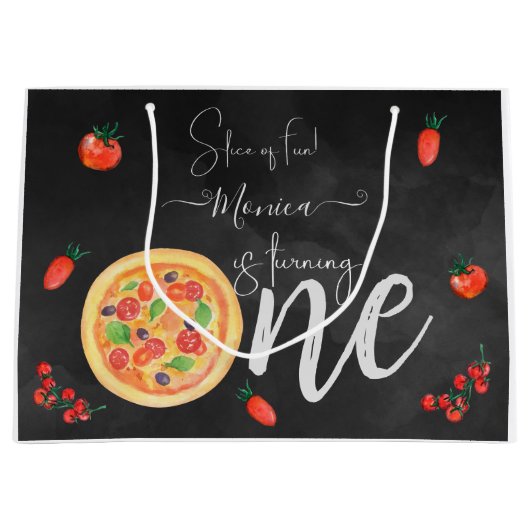 Een stukje plezier, eerste pizza verjaardag groot cadeauzakje (Voorkant)