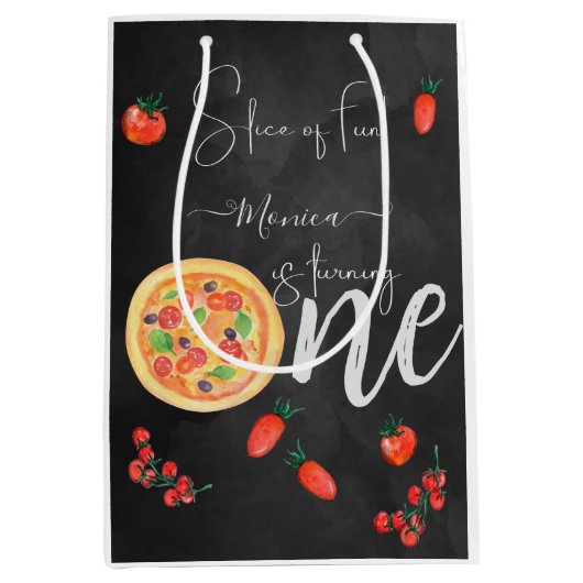 Een stukje plezier, eerste pizza verjaardag medium cadeauzakje (Voorkant)