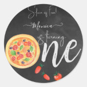 Een stukje plezier, eerste pizza verjaardag ronde sticker (Voorkant)