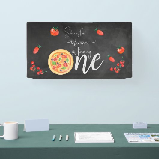 Een stukje plezier, eerste pizza verjaardag spandoek (Beurs)