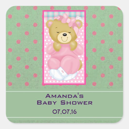 Een stutloos Beer geperst in roze Baby shower Vierkante Sticker (Voorkant)