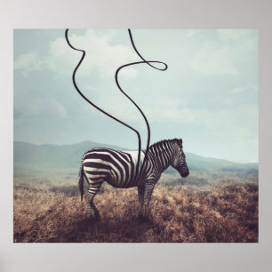 Een surrealistisch afbeelding van een zebra en twe poster