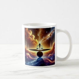 Een surrealistisch beeld van een man van rechtvaar koffiemok