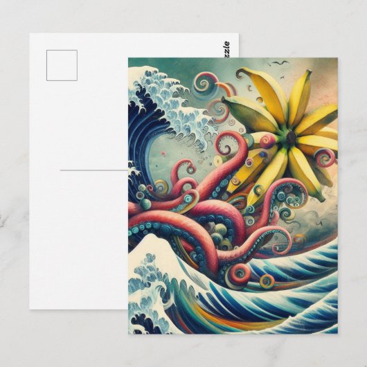 Een surrealistische banaan octopus rijdt op een go briefkaart (Voorkant / Achterkant)