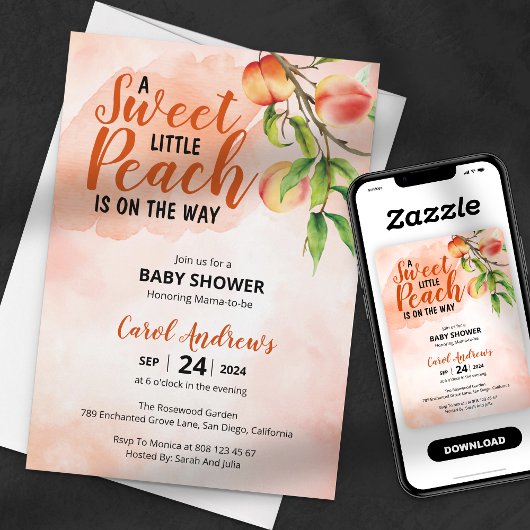 Een Sweet Little Peach Waterverf Baby shower Kaart