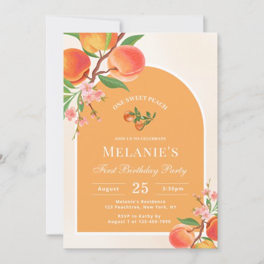 Een Sweet Peach 1e verjaardag uitnodiging (Voorkant)