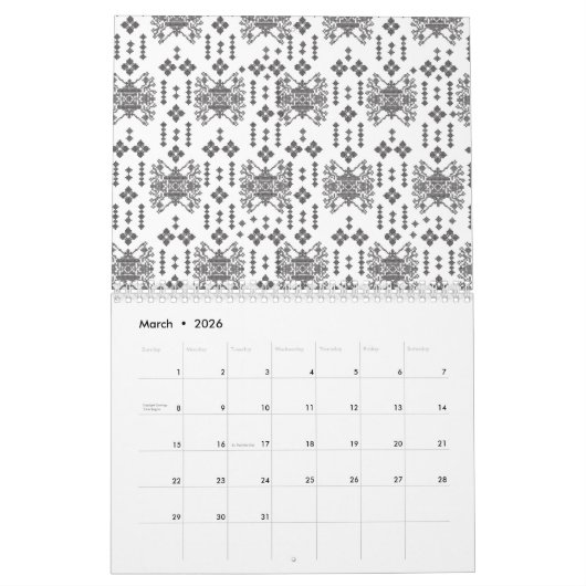 Een symmetrisch monochroom ontwerp met ingewikkeld kalender (Mar 2026)