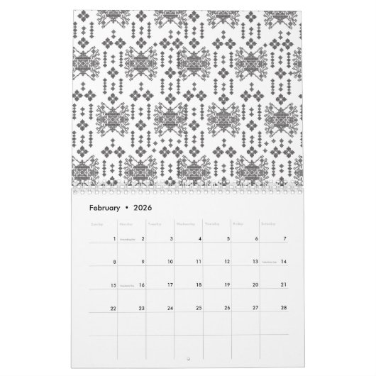 Een symmetrisch monochroom ontwerp met ingewikkeld kalender (Feb 2026)
