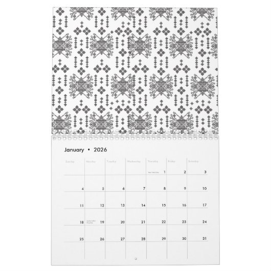 Een symmetrisch monochroom ontwerp met ingewikkeld kalender (Jan 2026)