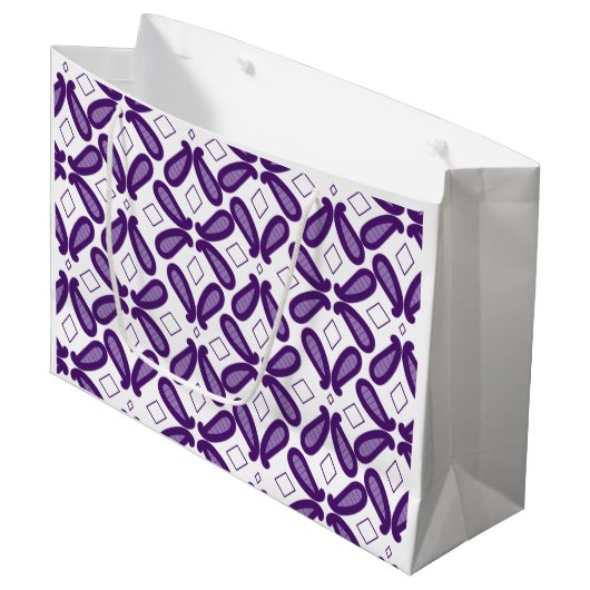 Een symmetrisch patroon met witte en paarse m groot cadeauzakje (Voorkant Gekanteld)