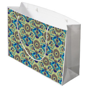 Een symmetrisch textielontwerp met blauw en of groot cadeauzakje