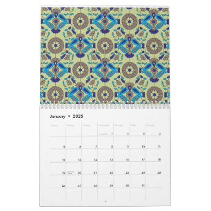 Een symmetrisch textielontwerp met blauw en of kalender