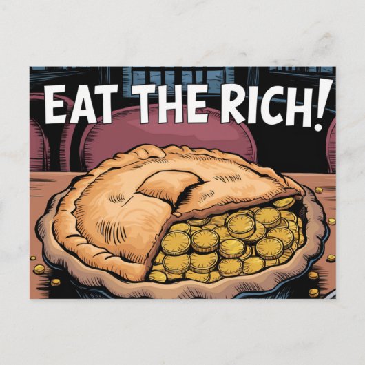 Een taart vol gouden munten eet de rijken op briefkaart (Voorkant)
